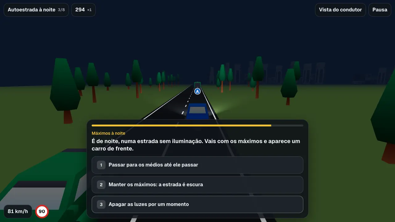 Estrada à noite com um carro a aparecer de frente e a pergunta sobre os máximos.