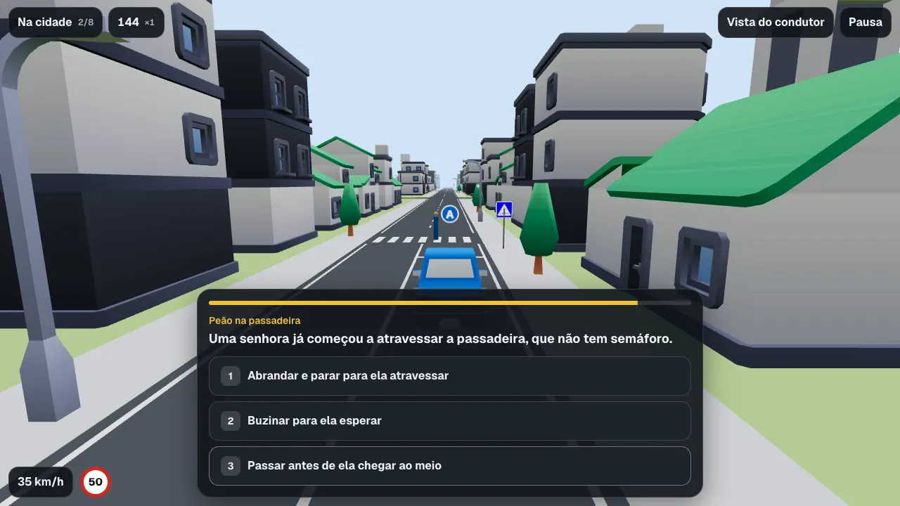 O carro azul do jogador numa rua da cidade, a chegar a uma passadeira, com a pergunta e as três respostas por baixo.