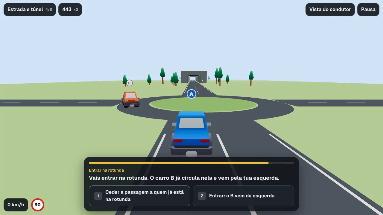 A entrada numa rotunda fora da localidade, com o carro B a circular nela e a pergunta de quem passa primeiro.